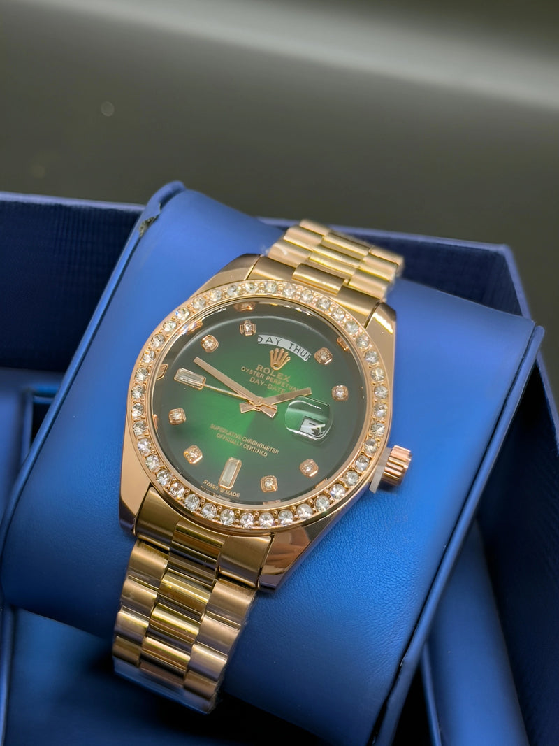 Day Date  Gold Diamond dark green Dial diamond numbers