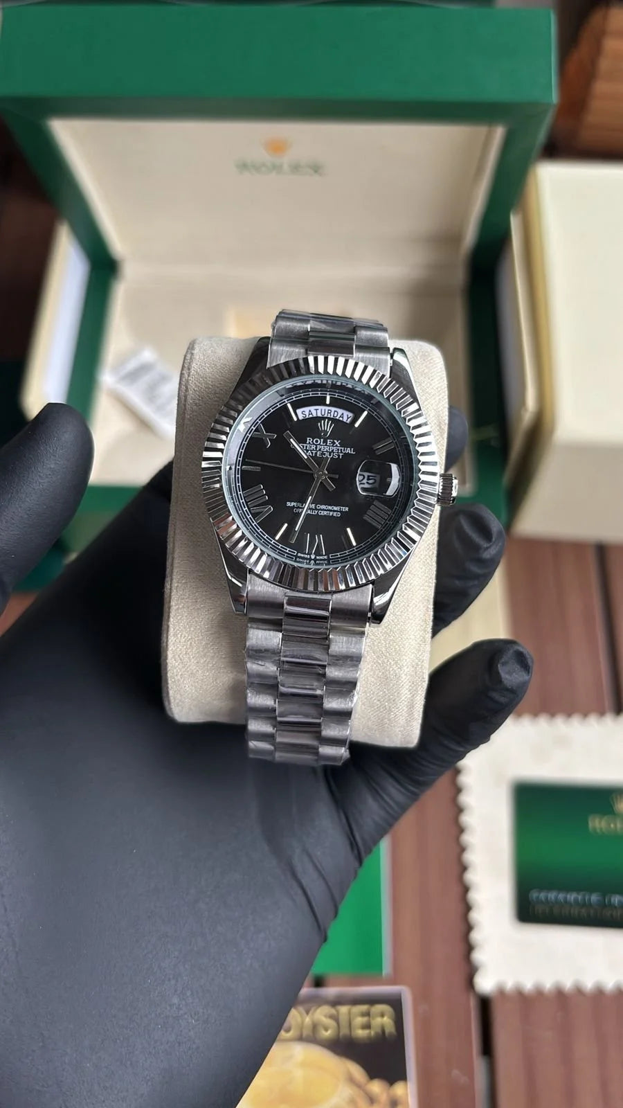 Day Date Stainless Steel Black Dial Roman