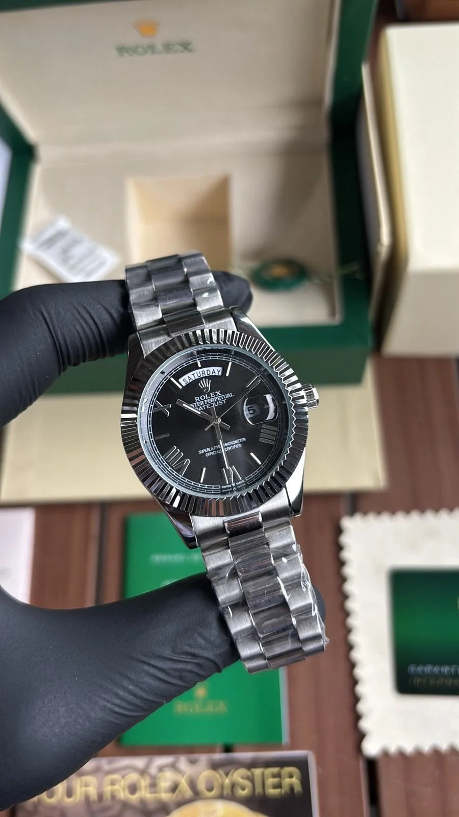 Day Date Stainless Steel Black Dial Roman
