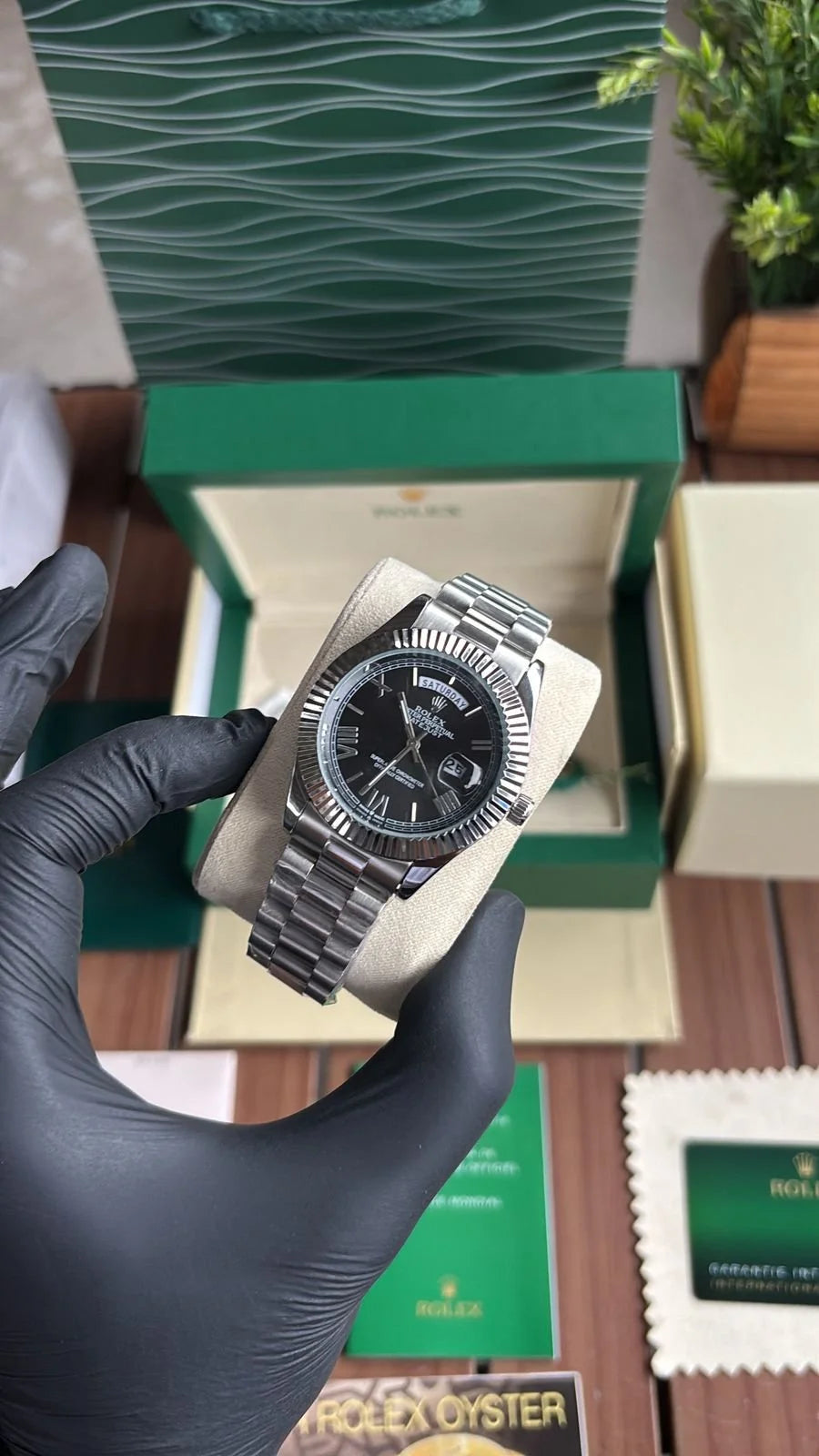 Day Date Stainless Steel Black Dial Roman