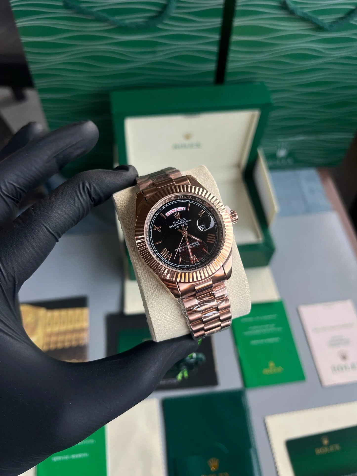 Day Date Everose Gold Black Dial Roman