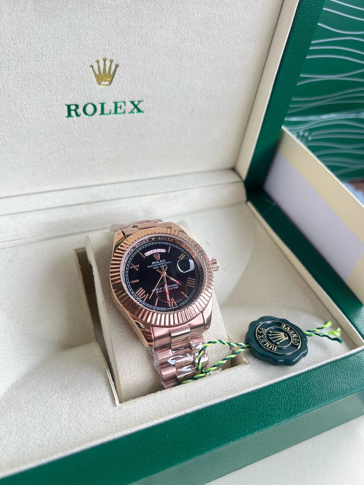 Day Date Everose Gold Black Dial Roman